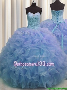 Low Price Ball Gowns 15th Birthday Dress Blue Sweetheart Organza Sleeveless Floor Length Lace Up