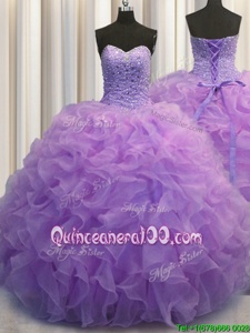 Flirting Sweetheart Sleeveless Quince Ball Gowns Floor Length Beading and Ruffles Lavender Organza