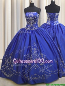 Strapless Sleeveless Sweet 16 Dresses Floor Length Beading and Embroidery Royal Blue Chiffon