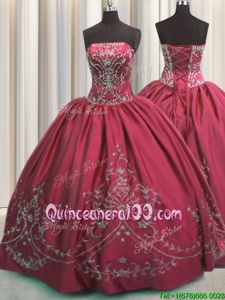 Adorable Strapless Sleeveless Quinceanera Dresses Floor Length Beading and Embroidery Coral Red Taffeta
