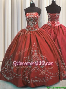 Custom Design Wine Red Quinceanera Gown Military Ball and Sweet 16 and Quinceanera and For withBeading and Embroidery Strapless Sleeveless Lace Up