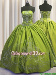 Attractive Embroidery Olive Green Sleeveless Taffeta Lace Up Sweet 16 Dresses forMilitary Ball and Sweet 16 and Quinceanera