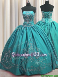 Strapless Sleeveless Taffeta Quinceanera Gowns Beading and Embroidery Lace Up