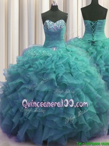 Popular Beaded Bust Turquoise Lace Up Sweetheart Beading and Ruffles Quince Ball Gowns Organza Sleeveless
