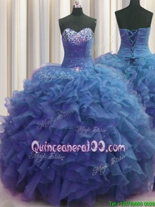 Beaded Bust Blue Ball Gowns Beading and Ruffles 15 Quinceanera Dress Lace Up Organza Sleeveless Floor Length
