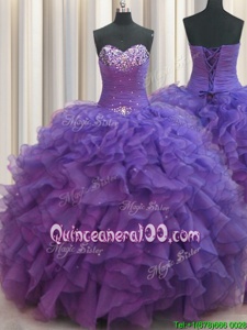 Hot Sale Beaded Bust Purple Sleeveless Floor Length Beading and Ruffles Lace Up Sweet 16 Quinceanera Dress
