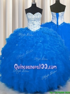 High End Floor Length Lace Up 15th Birthday Dress Royal Blue and In forMilitary Ball and Sweet 16 and Quinceanera withBeading and Ruffles