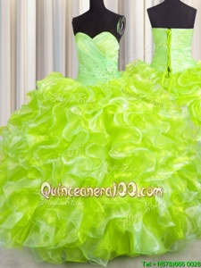 Cute Yellow Green Ball Gowns Beading and Ruffles 15th Birthday Dress Lace Up Organza Sleeveless Floor Length