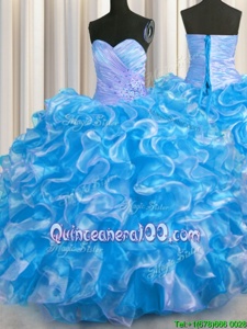 Eye-catching Floor Length Aqua Blue Quinceanera Dress Organza Sleeveless Spring and Summer and Fall and Winter Beading and Ruffles