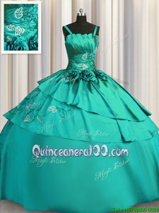 Spaghetti Straps Sleeveless Satin Quince Ball Gowns Beading and Embroidery Lace Up