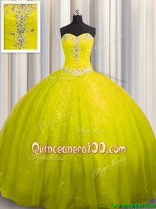 Gorgeous Yellow Green Sweet 16 Dresses Tulle and Sequined Court Train Sleeveless Spring and Summer and Fall and Winter Beading and Appliques
