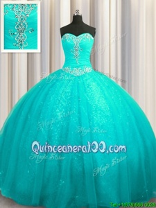 Custom Fit Sequined Sleeveless Beading and Appliques Lace Up Quinceanera Dresses with Aqua Blue Court Train