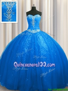 Custom Design Sequined Blue Sleeveless Court Train Beading and Appliques With Train Sweet 16 Dresses