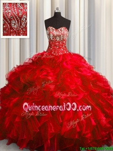 Vintage Red Lace Up Sweetheart Beading and Ruffles Quinceanera Gown Organza Sleeveless Brush Train