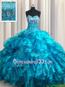 Top Selling Beading and Ruffles Quinceanera Gown Teal Lace Up Sleeveless With Brush Train