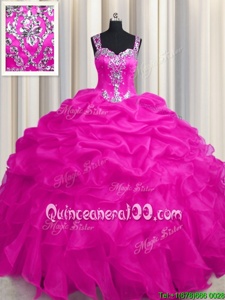 Exceptional See Through Zipper Up Hot Pink Zipper Sweet 16 Dress Appliques and Ruffles and Ruffled Layers Sleeveless Floor Length