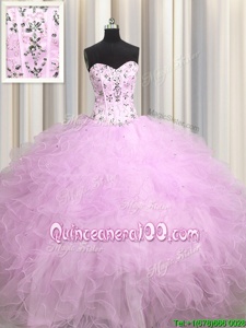 Delicate Visible Boning Lilac Lace Up 15th Birthday Dress Beading and Appliques and Ruffles Sleeveless Floor Length