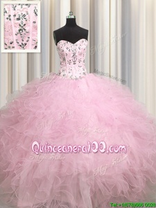 Visible Boning Sweetheart Sleeveless Lace Up Quinceanera Gown Baby Pink Tulle