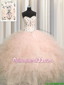 Clearance Visible Boning Floor Length Ball Gowns Sleeveless Pink Quinceanera Gowns Lace Up