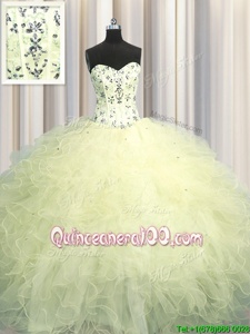Deluxe Visible Boning Floor Length Light Yellow Quinceanera Gowns Sweetheart Sleeveless Lace Up