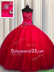 Sleeveless Tulle and Sequined Floor Length Lace Up Quince Ball Gowns inRed forSpring and Summer and Fall and Winter withBeading and Appliques