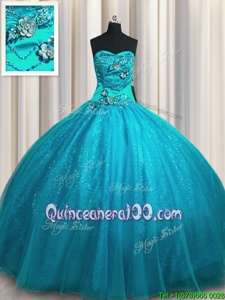 Sweetheart Sleeveless Tulle and Sequined Ball Gown Prom Dress Beading and Appliques Lace Up