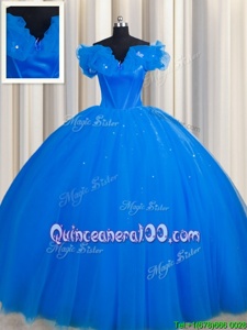 Fabulous Royal Blue Off The Shoulder Lace Up Ruching 15th Birthday Dress Court Train Short Sleeves