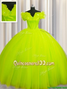 Modest Off The Shoulder Yellow Green Tulle Lace Up Quinceanera Dress Short Sleeves With Train Court Train Ruching