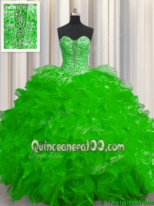 Attractive See Through Sleeveless Beading and Ruffles Lace Up Sweet 16 Dress