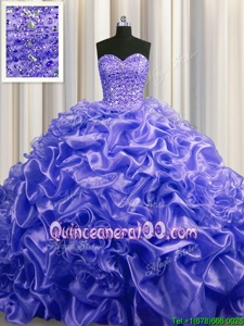 Romantic Pick Ups Purple Sleeveless Organza Court Train Lace Up 15th Birthday Dress forMilitary Ball and Sweet 16 and Quinceanera