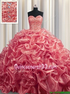 Edgy Pick Ups With Train Ball Gowns Sleeveless Watermelon Red Sweet 16 Quinceanera Dress Court Train Lace Up
