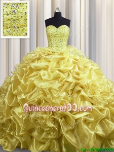 Comfortable Gold Sweetheart Lace Up Beading and Pick Ups Vestidos de Quinceanera Court Train Sleeveless