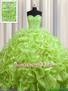 High End Beading and Pick Ups Sweet 16 Quinceanera Dress Yellow Green Lace Up Sleeveless With Train Court Train