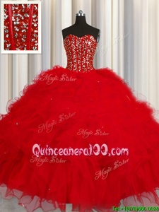 Cheap Visible Boning Red Lace Up Sweetheart Beading and Ruffles and Sequins Quinceanera Gown Tulle Sleeveless
