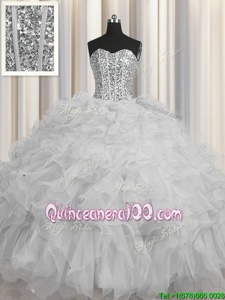Elegant Visible Boning Sweetheart Sleeveless Tulle Quince Ball Gowns Beading and Ruffles and Sequins Lace Up