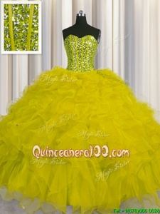 Visible Boning Tulle Sweetheart Sleeveless Lace Up Beading and Ruffles and Sequins Sweet 16 Dresses inOlive Green