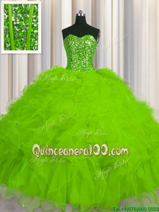Deluxe Visible Boning Yellow Green Tulle Lace Up Quinceanera Dress Sleeveless Floor Length Beading and Ruffles and Sequins