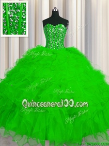 High Quality Visible Boning Spring Green Quinceanera Gown Military Ball and Sweet 16 and Quinceanera and For withBeading and Ruffles and Sequins Sweetheart Sleeveless Lace Up