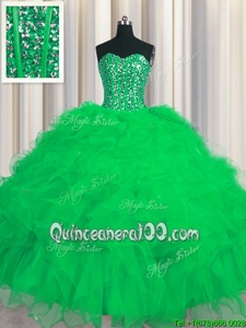 Lovely Visible Boning Green Sleeveless Beading and Ruffles and Sequins Floor Length Ball Gown Prom Dress
