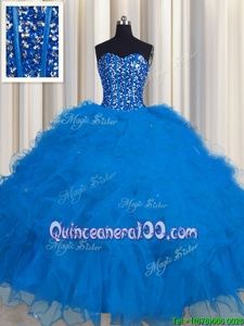 Best Visible Boning Floor Length Lace Up 15th Birthday Dress Blue and In forMilitary Ball and Sweet 16 and Quinceanera withBeading and Ruffles and Sequins