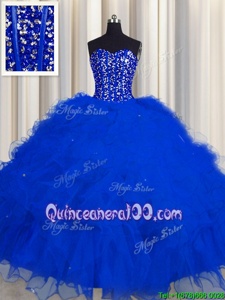 Ideal Visible Boning Royal Blue Sleeveless Beading and Ruffles and Sequins Floor Length 15 Quinceanera Dress
