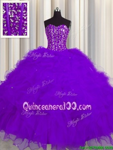 Beautiful Visible Boning Sweetheart Sleeveless Lace Up 15 Quinceanera Dress Purple Tulle