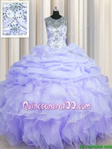 Edgy See Through Scoop Lavender Sleeveless Beading and Ruffles and Pick Ups Floor Length Quinceanera Gown