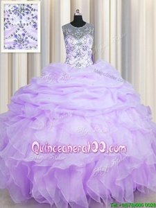 Modest See Through Floor Length Lavender Sweet 16 Quinceanera Dress Scoop Sleeveless Lace Up