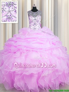 Dramatic See Through Lilac Organza Lace Up Scoop Sleeveless Floor Length Sweet 16 Quinceanera Dress Beading and Ruffles and Pick Ups