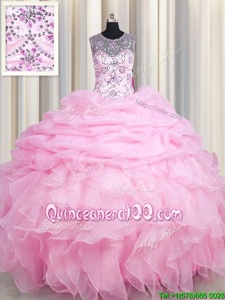 Gorgeous See Through Pick Ups Ball Gowns Ball Gown Prom Dress Rose Pink Scoop Organza Sleeveless Floor Length Lace Up