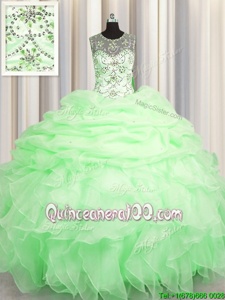Best Selling Scoop See Through Spring Green Sleeveless Floor Length Beading and Ruffles and Pick Ups Lace Up Quinceanera Gown