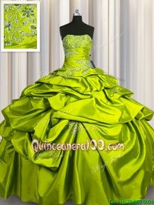 Customized Sleeveless Floor Length Beading and Pick Ups Lace Up 15th Birthday Dress with Yellow Green