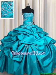 Edgy Aqua Blue Strapless Neckline Appliques and Pick Ups Quinceanera Gown Sleeveless Lace Up