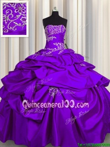 Romantic Strapless Sleeveless 15th Birthday Dress Floor Length Appliques and Pick Ups Purple Taffeta